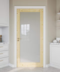 Pine Wood Slab Door With Frosted Glass For Interior Use 36 By 80 Inches Farmhouse Shaker Style installed in a kitchen.