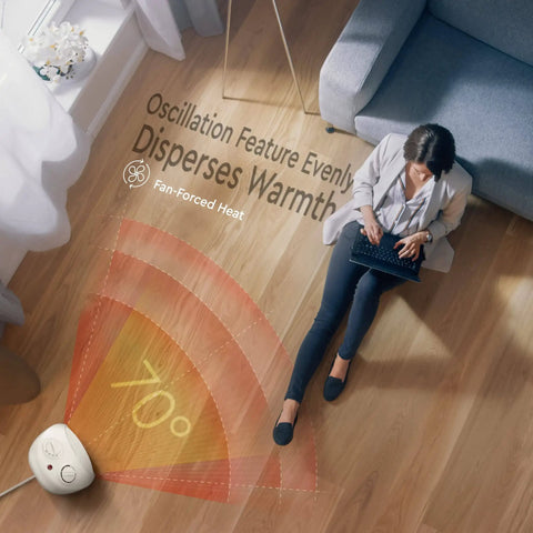 Portable Space Heater With Oscillating Fan And No-Fuss Cooling Mode, 750 To 1500-Watt, adjustable thermostat shown in living room