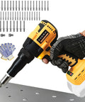 Upgraded Cordless Electric Rivet Gun Compatible With DeWalt 20V Max Battery, ergonomic grip, metallic nozzles, and accessories for easy riveting.