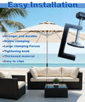 3 Inch Adjustable Patio Furniture Clips For Outdoor Rattan And Wicker Sets shown with installation details and beach backdrop