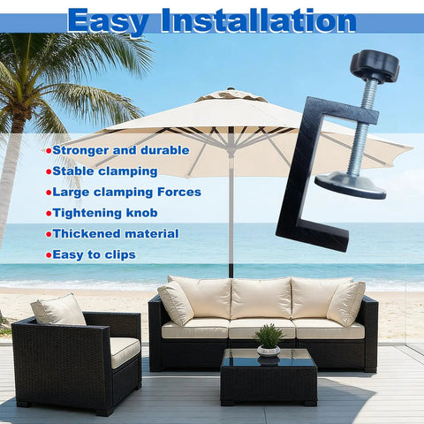 3 Inch Adjustable Patio Furniture Clips For Outdoor Rattan And Wicker Sets shown with installation details and beach backdrop