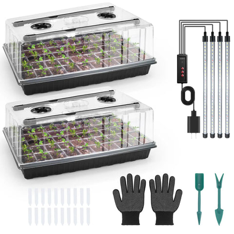 Seed Starter Kit With Grow Light For Seedlings, 120-Cell Tray With Self-Watering Germination System, Humidity Dome, accessories shown.