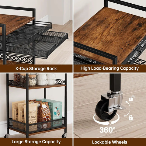 Heavy Duty 5 Tier Floor Standing Coffee Cart With Spacious Pod Storage Organizer For Kitchen Bar Station Pretty Sweet Space Saver Straight Up Game Changer Slick featuring K-Cup storage rack and lockable wheels.
