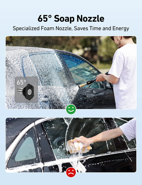 AstroAI 5-pack pressure washer nozzle tips; 65° soap nozzle with 1/4" quick-connect, shown on a car.