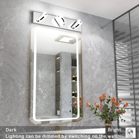 Three Light Dimmable Modern LED Vanity Light For Bathroom With Frosted White Acrylic Chrome Finish Over Mirror
