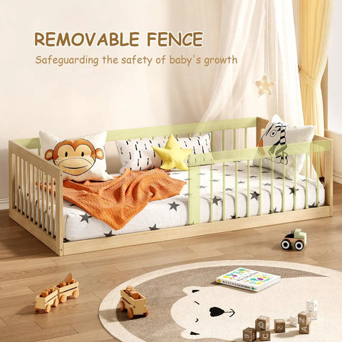 Low Profile Twin Floor Bed With Quick Release Guardrails And Sturdy Wood Frame for independent rest with removable fence and cozy decor.