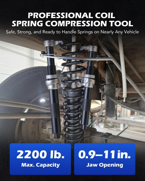 Beefy Heavy Duty Coil Spring Compressor Tool Set 2200lb strut compressor in use on vehicle suspension, professional tool