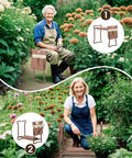 2 In 1 Garden Kneeler And Bench Folding Stool with tool pouches visible, used for seating and kneeling in a garden setting