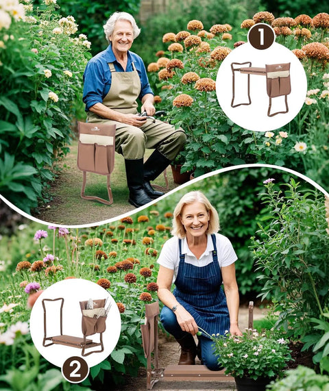 2 In 1 Garden Kneeler And Bench Folding Stool with tool pouches visible, used for seating and kneeling in a garden setting
