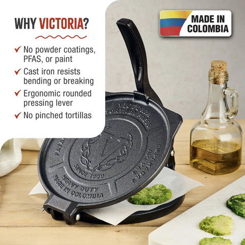 8 Inch Cast Iron Tortilla Press For Home And Commercial Use, Seasoned With Flaxseed Oil, Non GMO And Kosher Certified, PTFE And PFOA Free, Roti And Quesadilla Maker, Heavy Duty Cast Iron, Made In Colombia, showing opened press with broccoli tortillas.