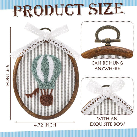 Vintage Hot Air Balloon Wall Art For Nursery And Kids Rooms, Framed Decor With Bow, 4.72 x 5.91 inches, rattan border, hanging handle