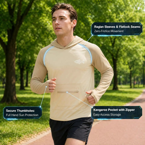 Man jogging in Men's Ice Cool Silky Sun Protection Hoodie UPF 50 Plus Long Sleeve Rash Guard Shirt For Fishing Quick Dry UV Shield