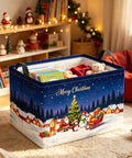 Heavy-Duty Rectangular Christmas Basket With Waterproof Polyester Canvas Storage Bin, festive design, filled with toys and books.