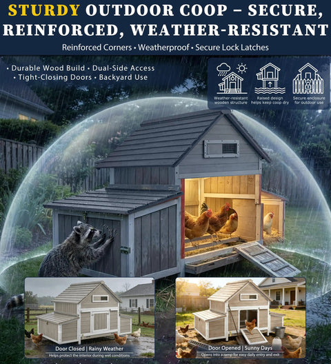 Outdoor Chicken Coop For 2 To 4 Chickens In The Backyard Weatherproof Wooden Hen House with raised floor, secure lock latches
