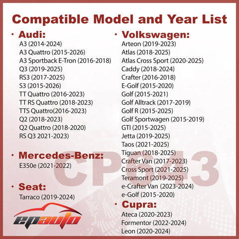Compatible model and year list for CP643 CF11643 Cabin Air Filter Replacement for Audi and Volkswagen models.