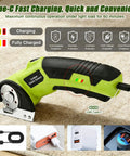 Heavy Duty Cordless Electric Scissors 4v Rechargeable Rotary Cutter showing Type-C charging indicator and connector on a carpet.