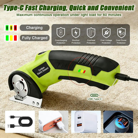 Heavy Duty Cordless Electric Scissors 4v Rechargeable Rotary Cutter showing Type-C charging indicator and connector on a carpet.