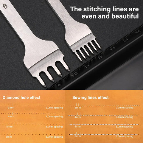 Leather Hole Punch Tool Set With Pricking Iron And Diamond Stitching Chisel, 6 prong white steel tools on black surface