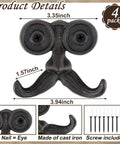 Heckin Durable Four Piece Cast Iron Beard Wall Hooks For Old School Farmhouse Charm And Dang Tough Rustic Decor Hanging Rack For Coats Scarves Towels Keys With Mounting Hardware Included, 3.35x3.94x1.57 inches