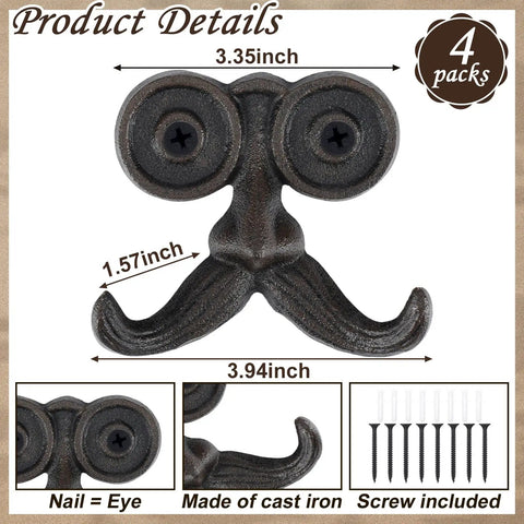 Heckin Durable Four Piece Cast Iron Beard Wall Hooks For Old School Farmhouse Charm And Dang Tough Rustic Decor Hanging Rack For Coats Scarves Towels Keys With Mounting Hardware Included, 3.35x3.94x1.57 inches