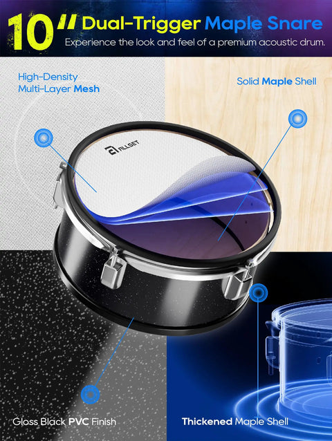 10 inch dual-trigger maple snare from 700 Professional Electric Drum Set With Realistic Mesh Pads And 10 Inch Dual Zone Snare