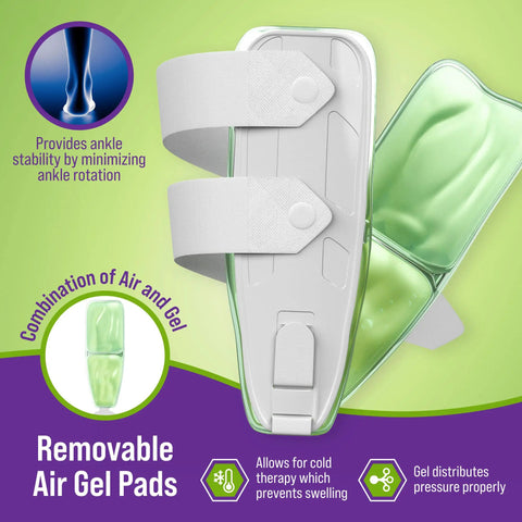 Air Gel Ankle Stirrup Brace with removable air and gel pads for targeted stabilization and pain relief, one size fits all.