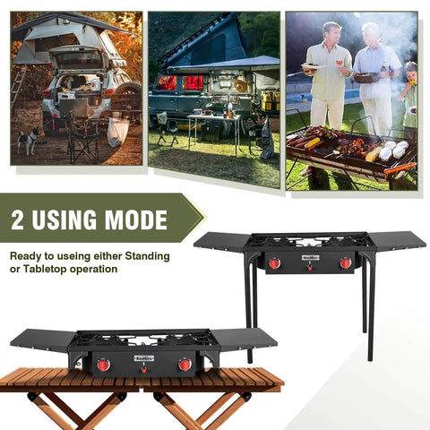 Two Burner Propane Camping Stove With One Touch Auto Ignition for versatile outdoor cooking setup, CSA certified.