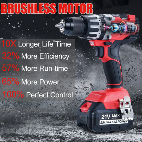 Beast Mode High Torque Cordless Hammer Drill With Brushless Motor 21V 1200 In-Lbs 1/2 Inch Chuck Kit With 4.0Ah Battery Charger And Auxiliary Handle Dual Speed 0-500 And 0-2000 RPM For Drilling And Hammering