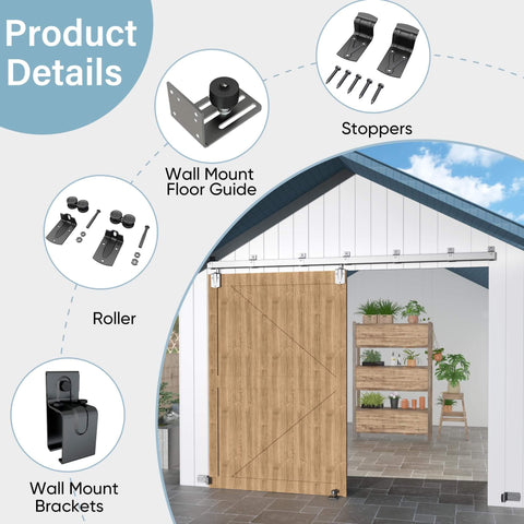 12 Ft Heavy Duty Exterior Barn Door Hardware Kit For Outdoor Use, Box Rail System With 450 Lb Capacity, Silver Finish, Shown Installed