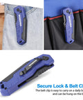 WorkPRO folding utility knife with blue aluminum handle and belt clip; shown clipped in jeans pocket and in a bag.