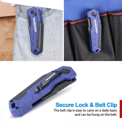 WorkPRO folding utility knife with blue aluminum handle and belt clip; shown clipped in jeans pocket and in a bag.