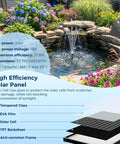 Image of a garden pond with a No Fuss 20W Solar Pond Filter Kit With Fountain Pump installed, including a solar panel and flowers.