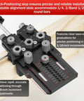 Precision Doweling Jig Kit With Adjustable Drill Guide And One Quarter Three Eighth One Half Inch Bushings Pro Grade Quick Clamp System shown with alignment slots and laser-etched graduations.