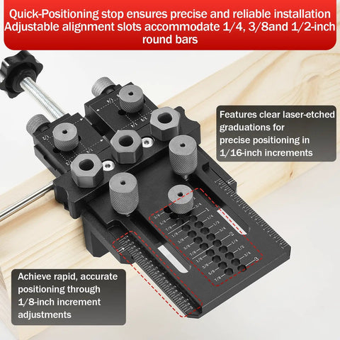 Precision Doweling Jig Kit With Adjustable Drill Guide And One Quarter Three Eighth One Half Inch Bushings Pro Grade Quick Clamp System shown with alignment slots and laser-etched graduations.