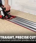 Milescraft 1409 track saw guide, side view, on aluminum track with circular saw