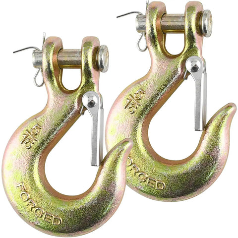 5/16 Chain Hook With Safety Latch Heavy Duty Clevis Slip Hook Grade 70 Forged Steel 14,000 Lbs Capacity Ideal For Towing, Rigging, And Industrial Construction Projects. pair of forged steel clevis slip hooks with safety latches