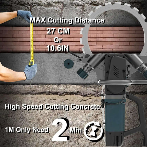 Kickass 8800W Electric Ring Saw For Concrete Wall Grooving With Brushless Motor And Thick Titanium Blade Built Like A Tank measuring max cutting distance of 27 cm for masonry cuts.