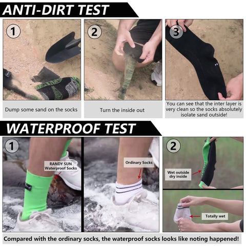 Anti-dirt and waterproof test of grey waterproof breathable knee high socks for skiing cycling running trekking and fishing unisex 1 pair.