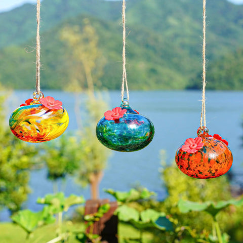 Set Of 3 Small Blown Glass Hummingbird Feeders For Outdoors Hanging With 2 Flower Feeding Ports 3 Inch Glass Hummingbird Feeders Garden Decor For Outside