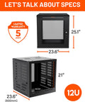 12U Enclosed Wall Mount Network Rack With Dual 1U Shelves Pre Mounted Fan Lockable Front Door Hardware Kit And 600mm Depth dimensions