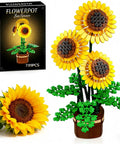 Vibrant Floral Building Set With Vase For Adults Grown Up Friendly Compatible With Lego Flowers 739 Pieces Botanical Home Decor Kit, sunflower in pot