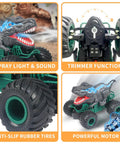 Monster Dinosaur Remote Control Car with LED mouth, rubber tires, water spray, trimmer function, and powerful motor details.