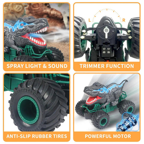Monster Dinosaur Remote Control Car with LED mouth, rubber tires, water spray, trimmer function, and powerful motor details.