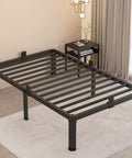 Heavy Duty Twin Bed Frame Built Different With Round Corner Legs And Mattress Slide Stopper Solid Steel Framework Handles 3000 Lbs Easy Black high-profile view with slats and legs.