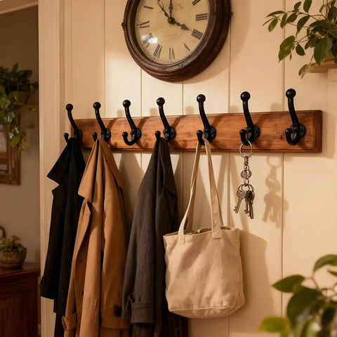 Six Pack Cast Iron Wall Hooks Vintage Black Metal Heavy Duty Coat Rack Bathroom Kitchen Entryway Decor Includes Fastening Hardware And Anchors with coats and bags
