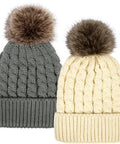 Cozy Cable Knit Beanie Hats for Women With Faux Fur Pom Poms 2 Pack Winter Set in Gray and Cream Soft And Stretchy Toasty Warm