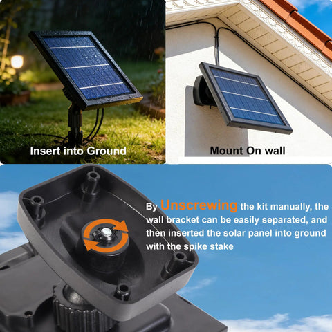 Solar Powered Cast Aluminum Warm White LED Spotlight for outdoor garden, showing separate solar panel on ground and wall mount option.
