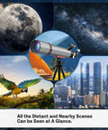 Beginner Friendly 90mm Refractor Telescope With 600mm Focal Length 180x Magnification; images of telescope and viewing scenes