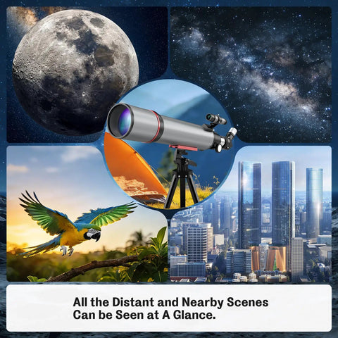 Beginner Friendly 90mm Refractor Telescope With 600mm Focal Length 180x Magnification; images of telescope and viewing scenes