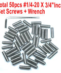 Fifty Pack Stainless Steel Hex Socket Set Screws One Quarter Twenty By Three Quarter Inch Length With Allen Head And One Eighth Inch Allen Wrench Included Built Tough For Heavy Duty Machinery And Everyday Projects shown with included Allen wrench.